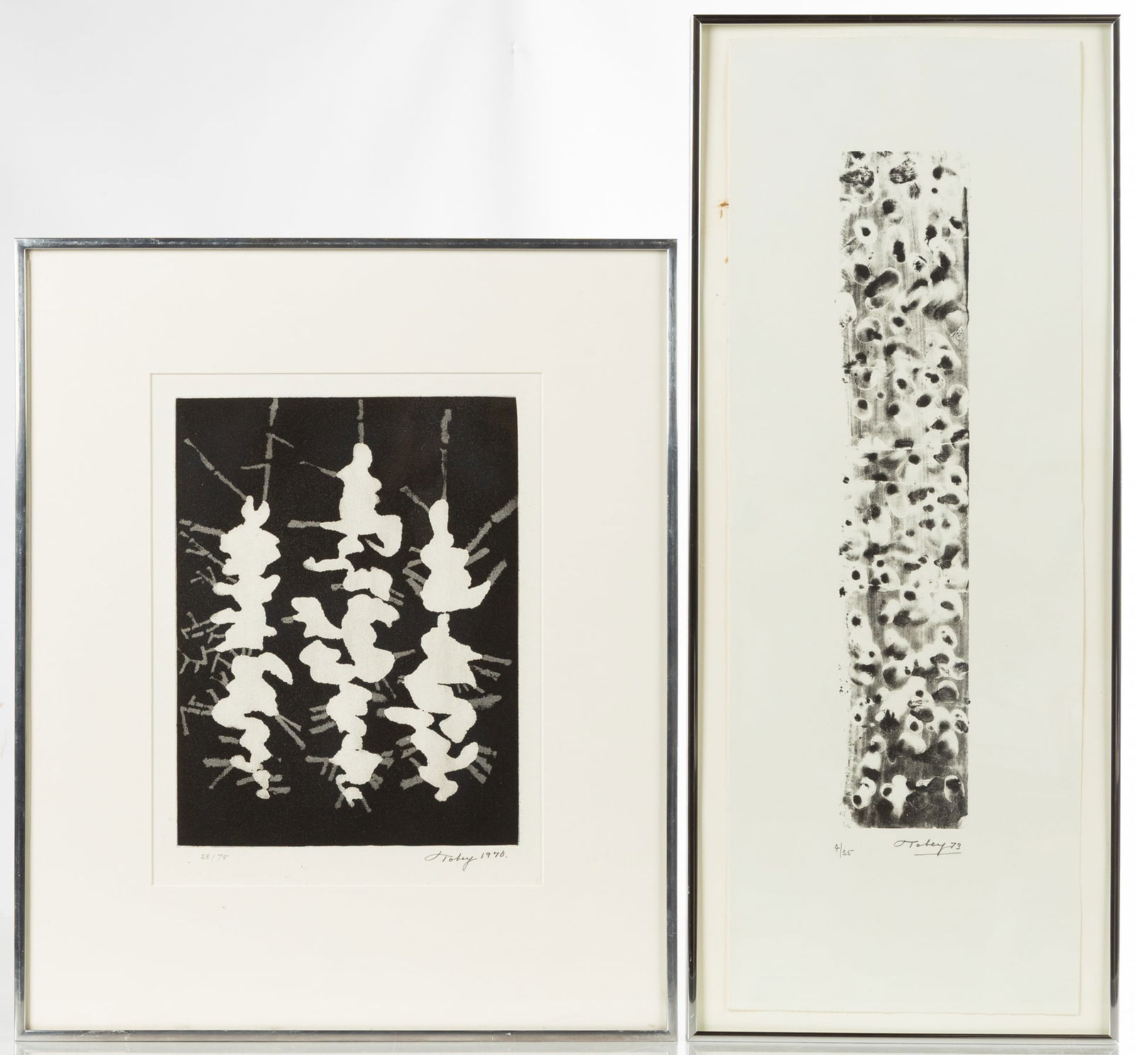 Two Mark Tobey (American, 1890-1976) Works: Two Mark Tobey (American, 1890-1976) Works "Trio" - 1970. Aquatint and etching. Edition of 75. Plate no. 28. Sheet: 20 3/4 x 16 3/4 in. "Underwater Fragment (Black)" - 1973. Lithograph. Edition of 35.