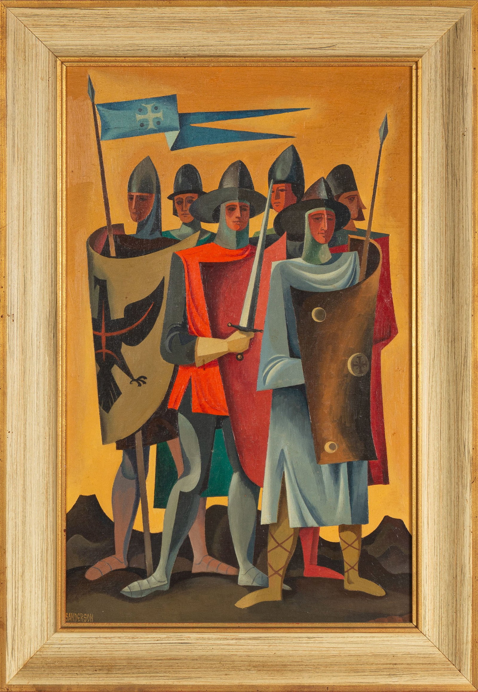 William Sanderson (American, 1905-1990) Modernist Painting of Soldiers: William Sanderson (American, 1905-1990) Modernist Painting of Soldiers Oil on artist board. Signed 'Sanderson' (lower left). 24 x 15 in.