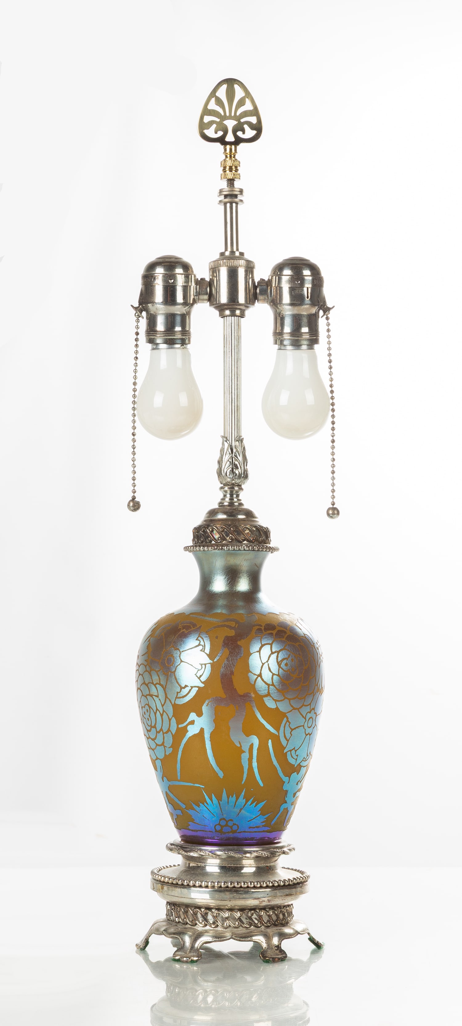 Steuben Yellow Jade & Blue Aurene Acid Cut-Back Lamp Base: Steuben Yellow Jade & Blue Aurene Acid Cut-Back Lamp Base Corning, NY. With silver-plated mounts. Max Ht. 22 in. Vase Ht. 8 in. The estate of Edward Alderman.