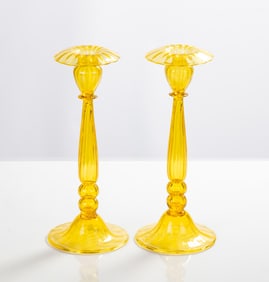Pair of Steuben Bristol Yellow Candlesticks