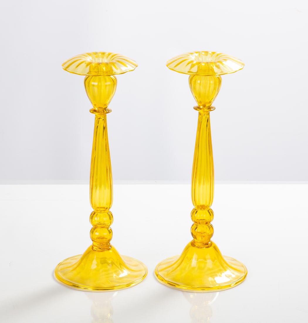 Pair of Steuben Bristol Yellow Candlesticks (1 of 2)