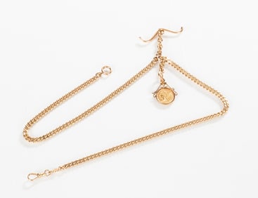 14K Gold Pocket Watch Chain with 1915 Indian Head $2 1/2 Coin