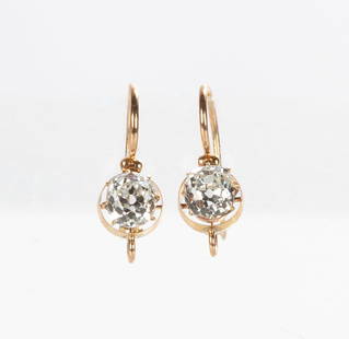 Old Mine Cut Diamond Earrings, 2.3 Carat Total: Old Mine Cut Diamond Earrings 18K gold mounts. Total diamond weight: 2.31 cts. I color, SI-1 and SI-2 clarity. Total weight: 3.8 grams. L. 7/8 in.