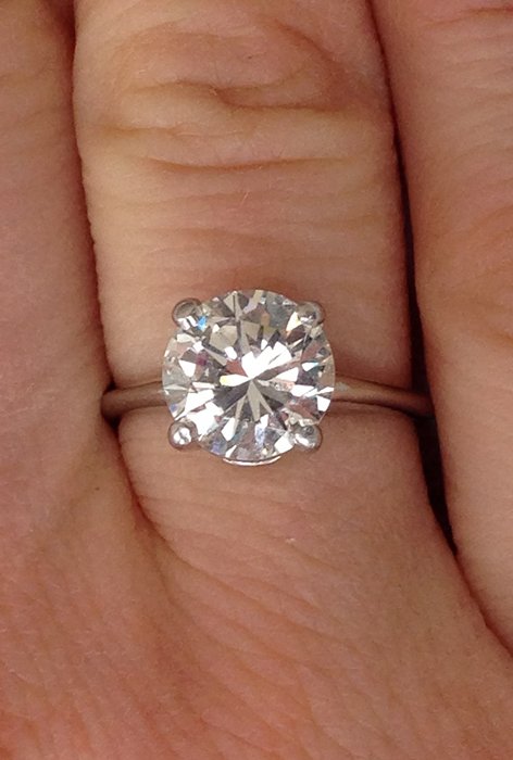 Jabel Solitaire Diamond & 18k White Gold Ring: Jabel Solitaire Diamond & 18k White Gold Ring. Round brilliant cut diamond, 9.11 x 5.46mm, aprox. 3 ct, SI1, I-J color. Dr. George & Angie Shaheen Collection, Fayetteville, NY.