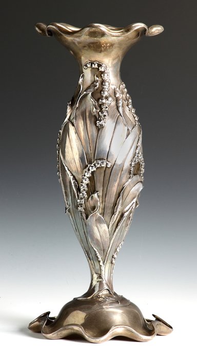 Fine & Rare Monumental Black Starr & Frost Sterling Art: Fine & Rare Monumental Black Starr & Frost Sterling Art Nouveau Vase. Heavy repousee lily of the valley. Relief & scalloped base & top. 77.3 ozt. Ht. 20 1/2" Max. Dia. 9 1/2".
