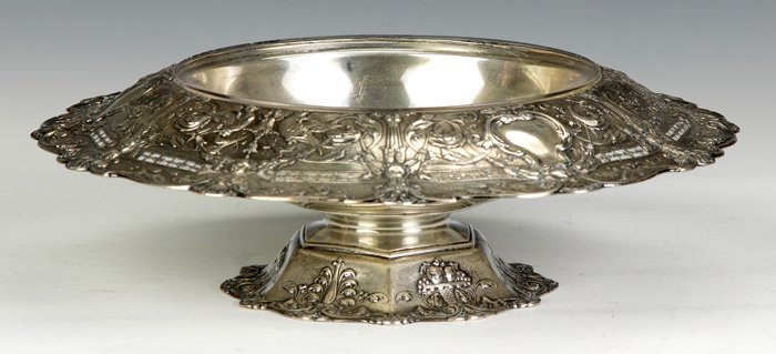 Gorham Sterling Silver Centerpiece: Gorham Sterling Silver Centerpiece. Repousse floral, columns and birds, with reticulated border. Glass insert. 47.2 ozt. Ht. 5" Dia. 14 1/2". Property from The Strong, sold to benefit the museum's col