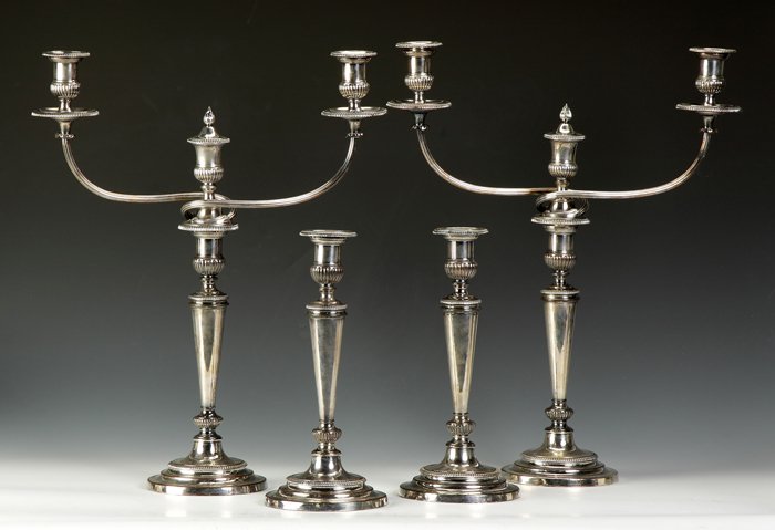 Matthew Boulton Sheffield Plate Candelabras and Candles: Matthew Boulton Sheffield Plate Candelabras and Candlesticks. George III. Max. Ht. 20" W 16".