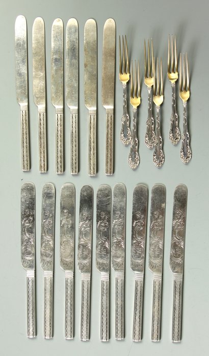Two Sets of S. Kirk & Son Sterling Silver Knives & Set : Two Sets of S. Kirk & Son Sterling Silver Knives & Set of Towle Old English Pattern Seafood Forks . Set of 9 w/engraved blades & set of 6, all monogrammed, L 7"; Forks 5". Total 24.4 ozt. . A Buffalo,