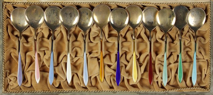 Set of 12 Sterling & Enameled Spoons: Set of 12 Sterling & Enameled Spoons . Made in Norway. David Anderson Oslo Case. 6.9 ozt. L 5 3/8".