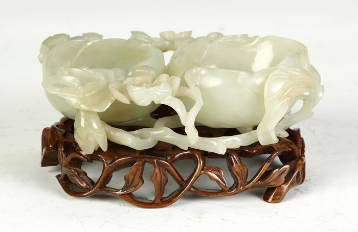 Fine Carved Jade Brush Washer: Fine Carved Jade Brush Washer. Lotus form. Custom made stand. Ht. 1 1/2" W 5" D 3 1/2".