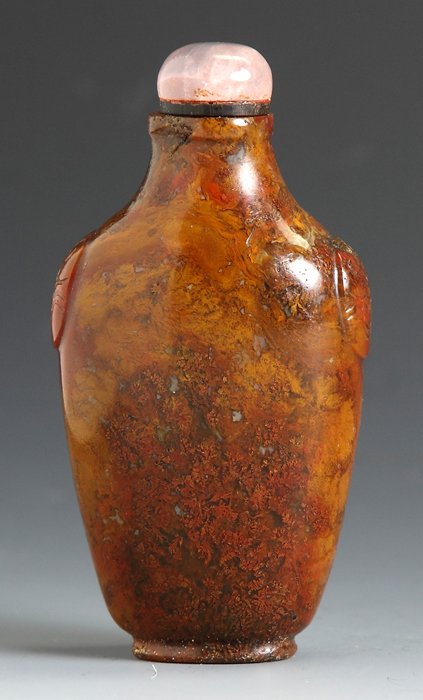 Hard Stone Snuff Bottle: Hard Stone Snuff Bottle . Ovate flattened flask with foo dogs. Ht. 3".