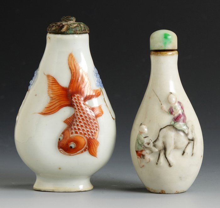 Two Porcelain Ovate Flattened Flask Snuff Bottles: Two Porcelain Ovate Flattened Flask Snuff Bottles. With koi and foo dogs, Ht. 3 1/2"; With figures riding ox, playing flute, Ht. 2 3/4".