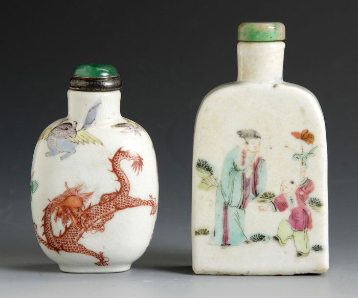 Two Porcelain Snuff Bottles: Two Porcelain Snuff Bottles. Ovate flattened flask, with koi, 5 clawed dragon, various animals / mythical creatures, Ht. 2 1/4"; Straight sided flattened flask with figures, Ht. 3 1/4".