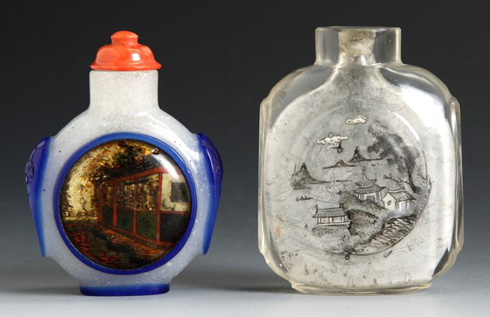 Cased Glass & Inside Painted Snuff Bottle: Cased Glass & Inside Painted Snuff Bottle. Cased Glass, Round flattened flask with foo dogs and painted medallion, small surface chip, Ht. 2 3/4"; Inside painted glass, with straight sided flattened f