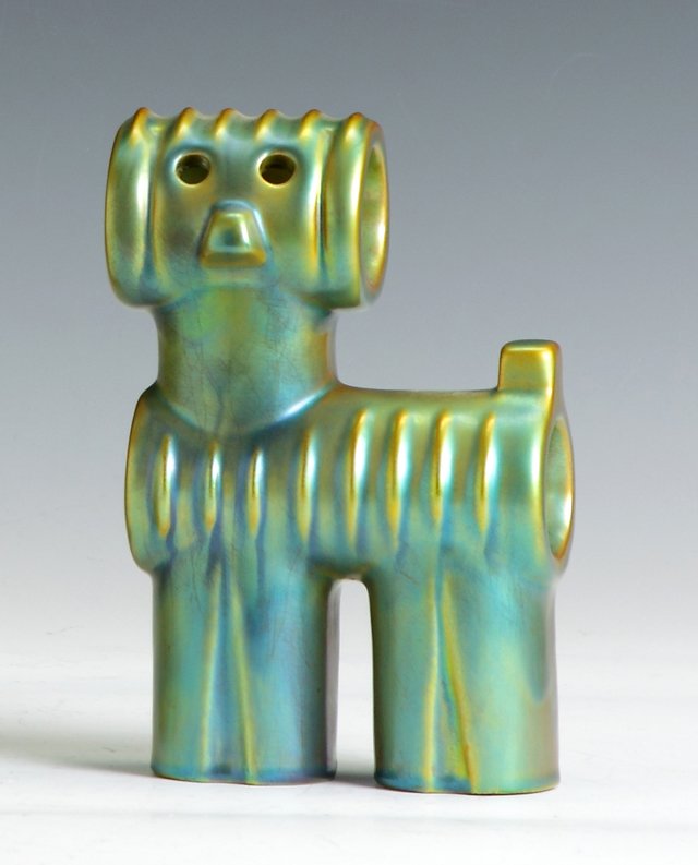 Zsolnay Iridescent Glazed Pottery Stylized Dog: Zsolnay Iridescent Glazed Pottery Stylized Dog. Ht. 7" W 4". Dr. George & Angie Shaheen Collection, Fayetteville, NY.