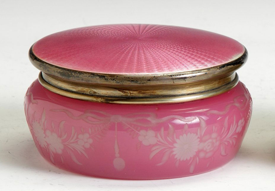 Stueben Rosaline & Alabaster Engraved Dresser Jar: Stueben Rosaline & Alabaster Engraved Dresser Jar. Enameled & sterling top. Ht. 2 1/2" Dia. 5". Dr. George & Angie Shaheen Collection, Fayetteville, NY.