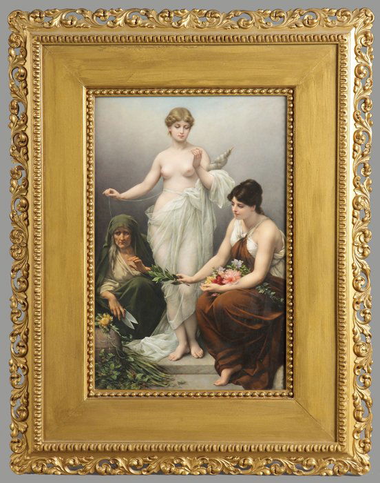 KPM Plaque with 3 Ladies: KPM Plaque with 3 Ladies. 19th cent. Sgn. Center, illeg. 16" x 10 1/2". Dr. George & Angie Shaheen Collection, Fayetteville, NY.