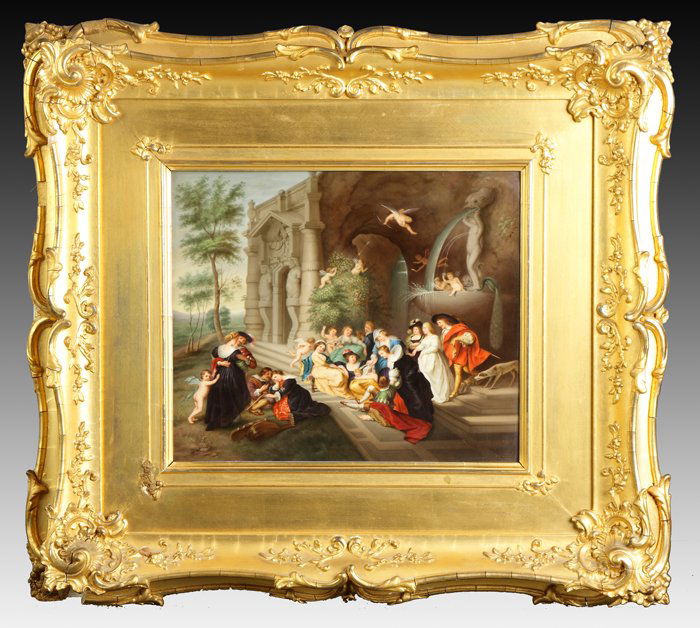 KPM Plaque of Ruins, figural scene, fountain: KPM Plaque of Ruins, figural scene, fountain. 19th cent. 11 1/2" x 13 1/2". Dr. George & Angie Shaheen Collection, Fayetteville, NY.