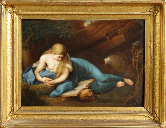 KPM Plaque of a Reclining Lady with Book: KPM Plaque of a Reclining Lady with Book. 19th cent. KPM scepter mark. 12" x 15". Dr. George & Angie Shaheen Collection, Fayetteville, NY.