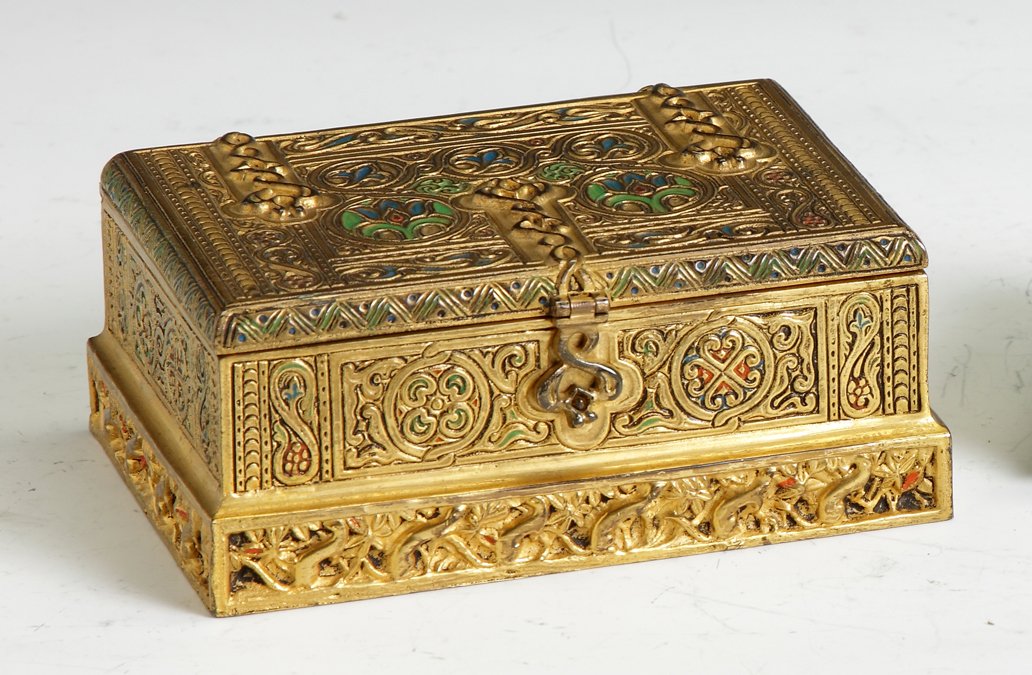 Tiffany Studios Enamel & Gilt Bronze Box: Tiffany Studios Enamel & Gilt Bronze Box. Tiffany Studios New York #1680. Ferret border. Ht. 2 1/2" W 5 1/2" D 4". Dr. George & Angie Shaheen Collection, Fayetteville, NY.