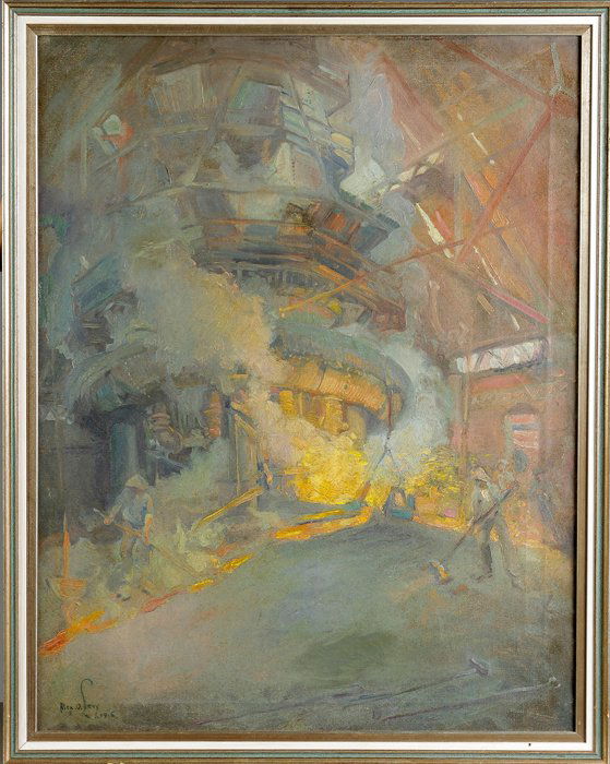 Alexander Oscar Levy (Buffalo, NY, 1881-1947) "The Blas: Alexander Oscar Levy (Buffalo, NY, 1881-1947) "The Blast, Iron Furnaces". Sgn. Lower left, Alex O. Levy, 1915. Titled on reverse. Oil/canvas. 36" x 28". Dr. George & Angie Shaheen Collection, Fayettev