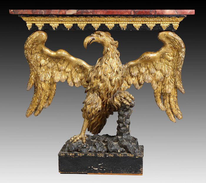 Early 19th Cent. Carved & Gilt Wood Eagle Console Table: Early 19th Cent. Carved & Gilt Wood Eagle Console Table w/Marble Top. Ht. 34" W 36 1/2" D 15". Dr. George & Angie Shaheen Collection, Fayetteville, NY.