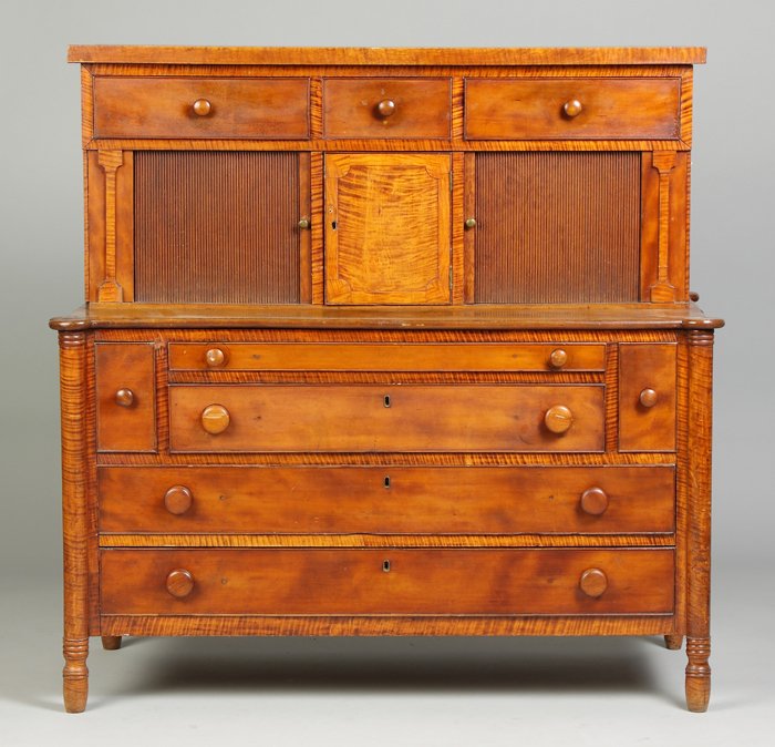 New England Country Sheraton Tambor, Tiger Maple & Cher: New England Country Sheraton Tambor, Tiger Maple & Cherry Writing Desk. C. 1810. Ht. 46 1/2" W 47" D 22". Dr. George & Angie Shaheen Collection, Fayetteville, NY.