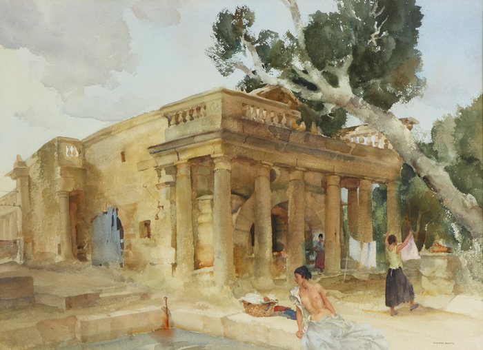 Sir William Russell Flint (British, 1880-1969) "The War: Sir William Russell Flint (British, 1880-1969) "The Warning Bell, Argilliers". Sgn. Lower right, W. Russell Flint. W/C on paper. Label info on back. 20" x 27". Purchased from Kennedy Galleries, NY 195