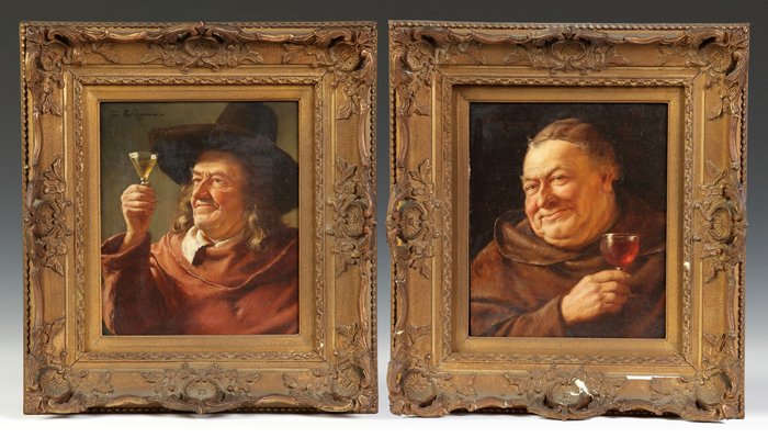 Two Ptgs. By Fritz Wagner (German, 1896-1939) Monks: Two Ptgs. By Fritz Wagner (German, 1896-1939) Monks. Both Sgn. Upper left, Fritz Wagner. Oil/board. Both 9" x 8". Purchased at Weiss Galleries, NY, 1952. Ruggerrio Estate, Branchport NY.