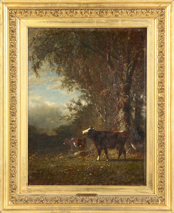 James McDougal Hart (American, 1828-1901) Cows in lands: James McDougal Hart (American, 1828-1901) Cows in landscape. Sgn. Lower left, James M. Hart, 1885. Oil/canvas. 21" x 16". Sotheby's. A Syracuse, NY Collection.