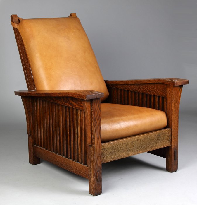 Gustav Stickley Oak Drop Arm, Spindle Morris Chair: Gustav Stickley Oak Drop Arm, Spindle Morris Chair. Key & tennon construction. Ht. 24" W 32 1/2" D 36". Property from The Strong, sold to benefit the museum's collections fund.