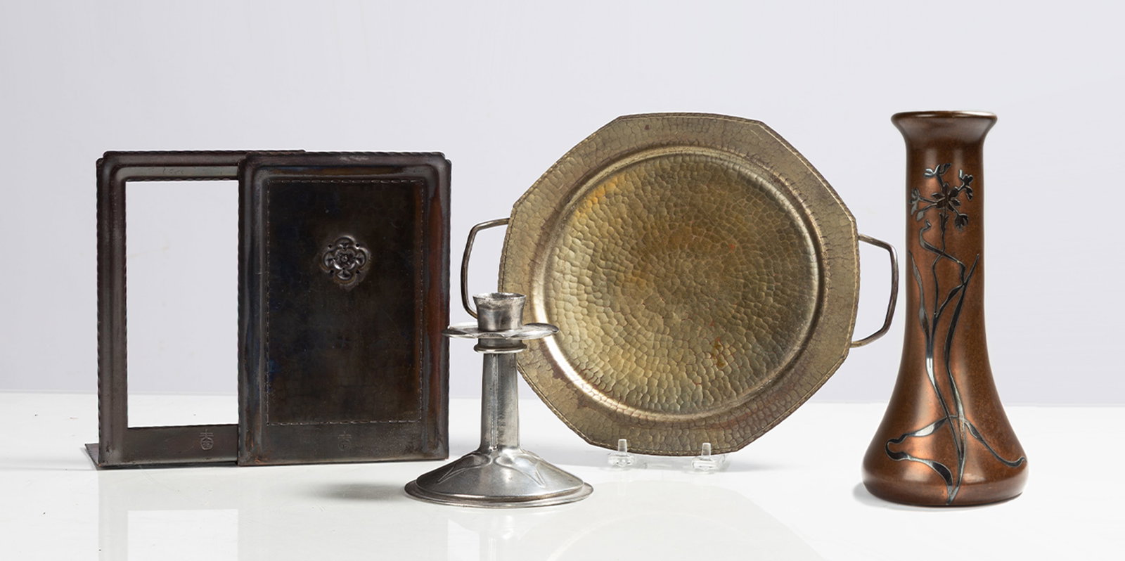 Roycroft Bookends & Octagonal Tray, Liberty & Co. Candlestick, & Heintz Silvercrest Vase (1 of 3)