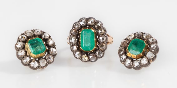 Georgian Emerald & Rose Cut Diamond Cluster Ring & Earrings