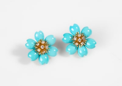 Rose de Noel style, 18K Gold, Turquoise & Diamond Earrings