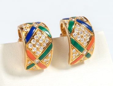Van Cleef & Arpels Gold, Diamond, Lapis Lazuli, Malachite, & Coral Earclips
