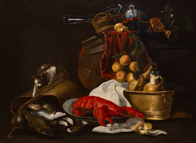Jan Fyt (Flemish, 1611-1661) Still Life with Fruit, Lobster, Fish, and a Cat