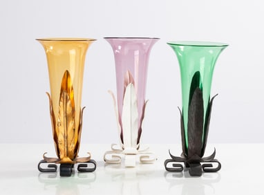 Three Steuben Amber, Amethyst, & Pomona Green Trumpet Vases