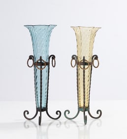 Steuben French Blue & Olive Green Optic Swirl Vases