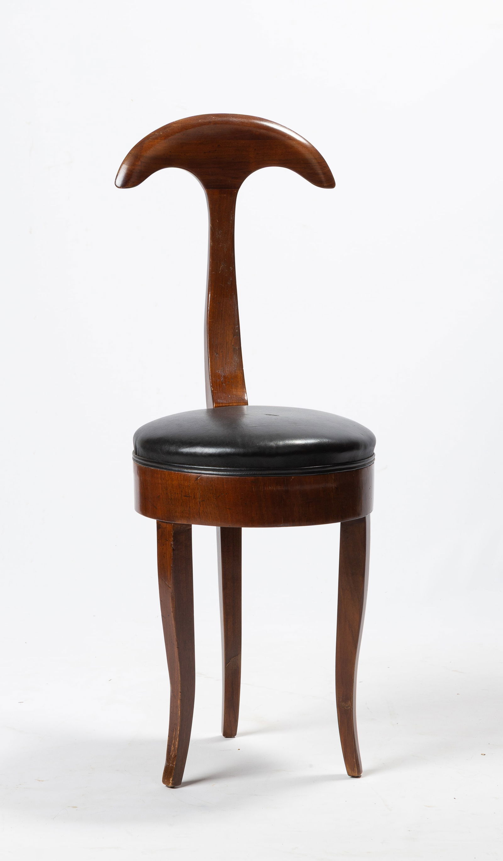 Italian Modernist Side Chair: Italian Modernist Side Chair Made in Italy, circa 1970. Walnut, leather. Importer - Sibley, Lindsay and Curr. Company, Rochester, New York. Ht. 33 in. Dia. 12 in. Seat 18 in. Shipping Note: This item