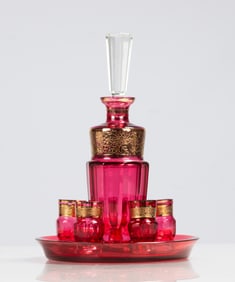Moser Crystal Cranberry & Gilt Enamel Decanter & Cordial Set