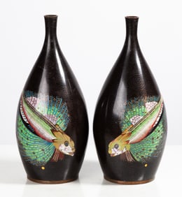 Pair of French Cloisonne Butterfly Fish Bottle Vases