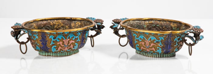 Pair of Chinese Champleve Enamel & Gilt Bronze Jardinieres