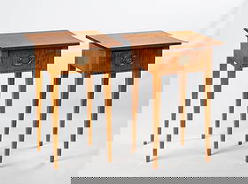 Pair of Bench-Made Hepplewhite Tiger Maple Stands: Pair of Bench-Made Hepplewhite Tiger Maple Stands Made by Charles Dewey, Bennington, Vermont, 2002. Tiger maple and brass. Ht. 29 x 18 x 17 5/8 in. (each) The collection of James & Suzanne Hofmeister,