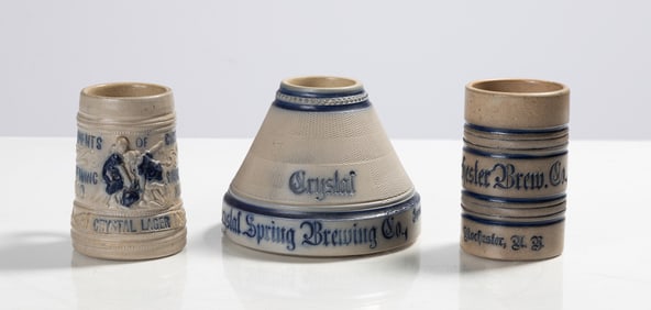 Whites, Utica Stoneware Match Safe & Mugs "Crystal Spring Brewing Co. Syracuse, NY."