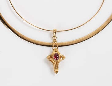 18K Gold Necklace with Garnet Crucifix & 14K Gold Necklace