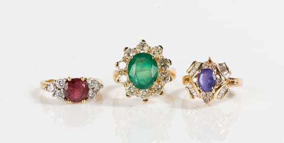 Three Ladies' Emerald, Tourmaline and Diamond Rings