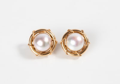 18K Gold, Diamond, & Gray Mabe Pearl Earrings