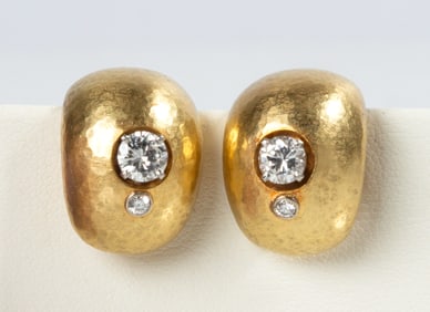 Italian Hammered 18K Gold & Diamond Earrings