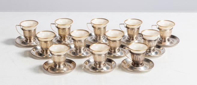 Twelve Sterling Silver & Lenox Porcelain Demitasse Cups & Saucers