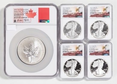 (4) 2021 American $1 Silver Eagle Coins & 2022 Canadian $50 Maple Leaf